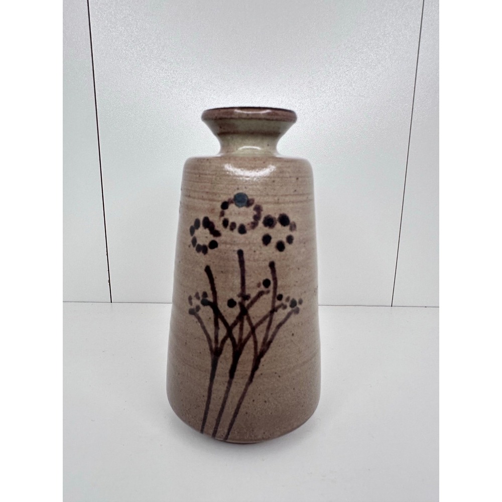 Signed Studio Pottery Vase Hand Painted Floral Stoneware Earthy Brown